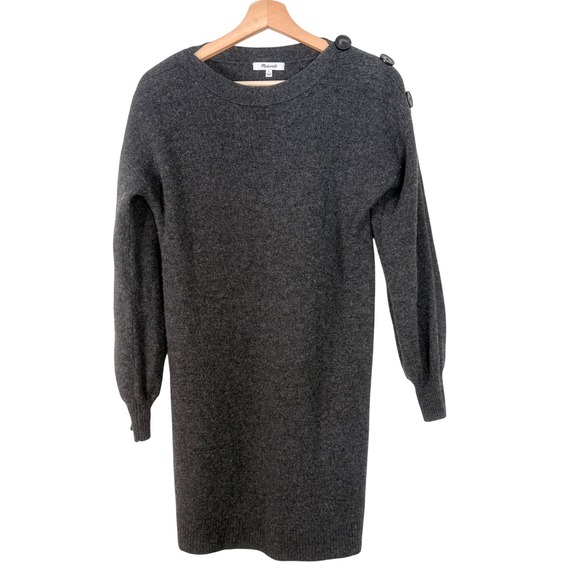 Madewell Dresses & Skirts - Madewell Charcoal Gray 100% Merino Wool Big Button Shoulder Sweater Dress Size S